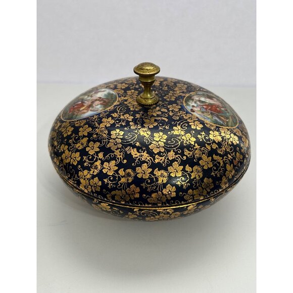 Vintage Lidded Cobalt Blue & Gold Porcelain Dish Classic Romantic Bonbon Trinket - Picture 8 of 11